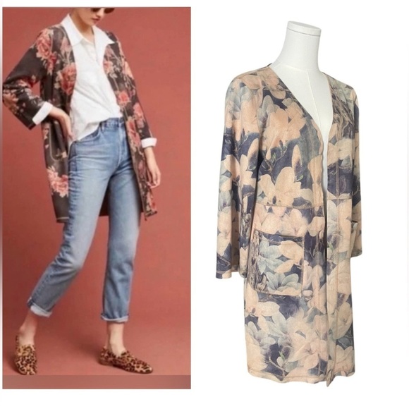 Solitaire Jackets & Blazers - Anthropologie solitaire BOHO Floral Long Sleeve faux suede cardigan  Sz Small